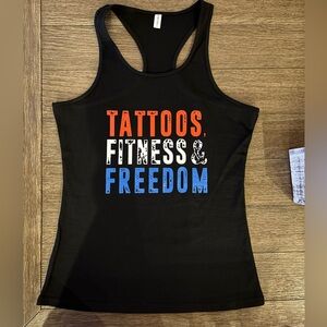 Women’s large graphic tank, NEW!! Tattoos, Fitness, and Freedom